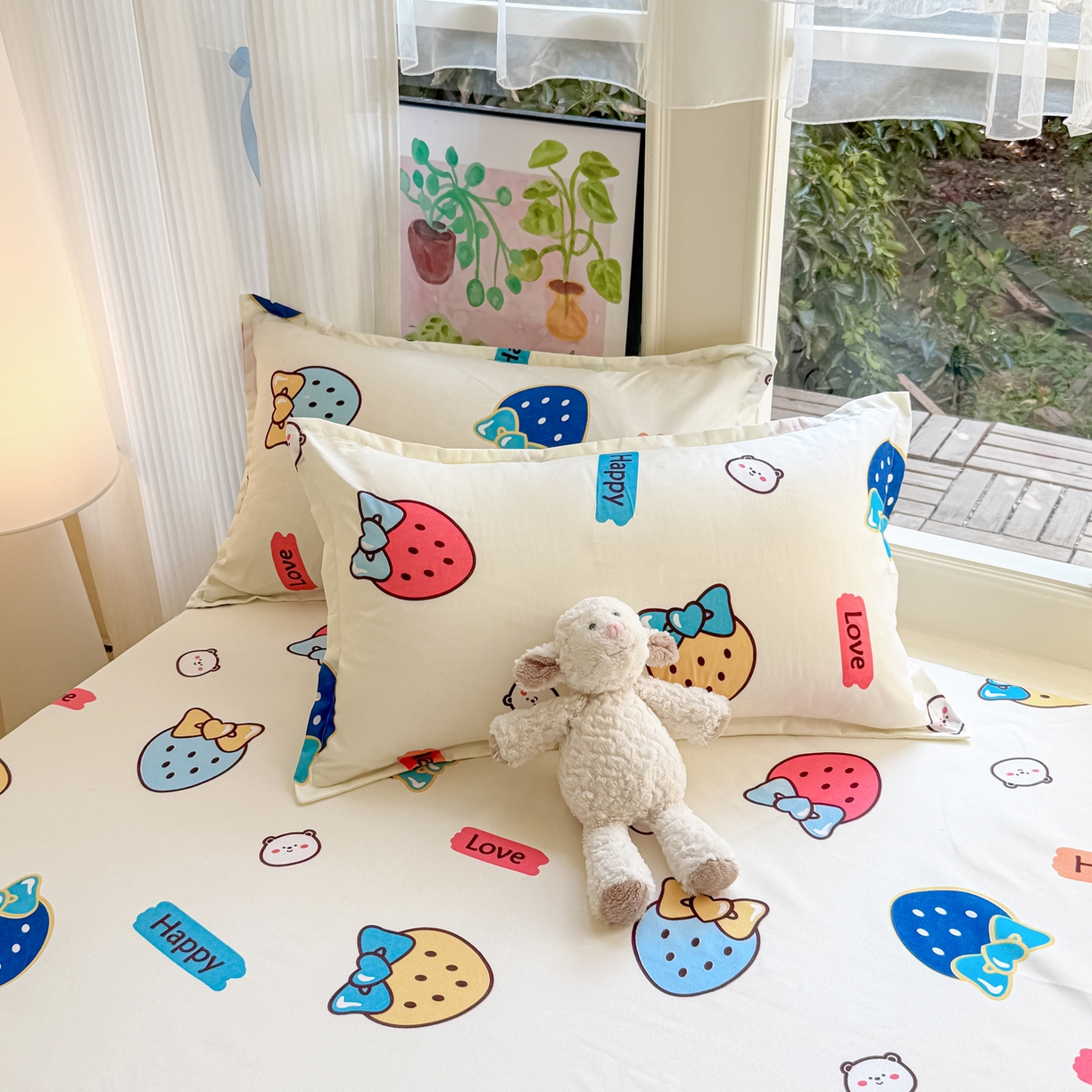 91家纺网 家纺一手货源 找家纺 赫然家纺 2026新款芦荟棉床笠三件套（床笠+枕套） 草莓乐园