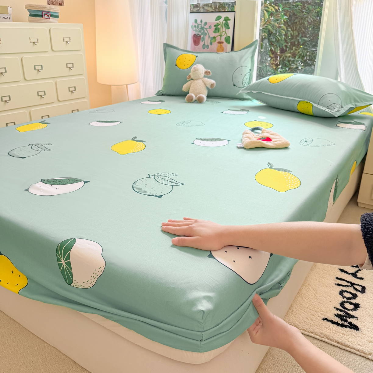 91家纺网 家纺一手货源 找家纺 赫然家纺 2026新款芦荟棉床笠三件套（床笠+枕套） 清新夏日