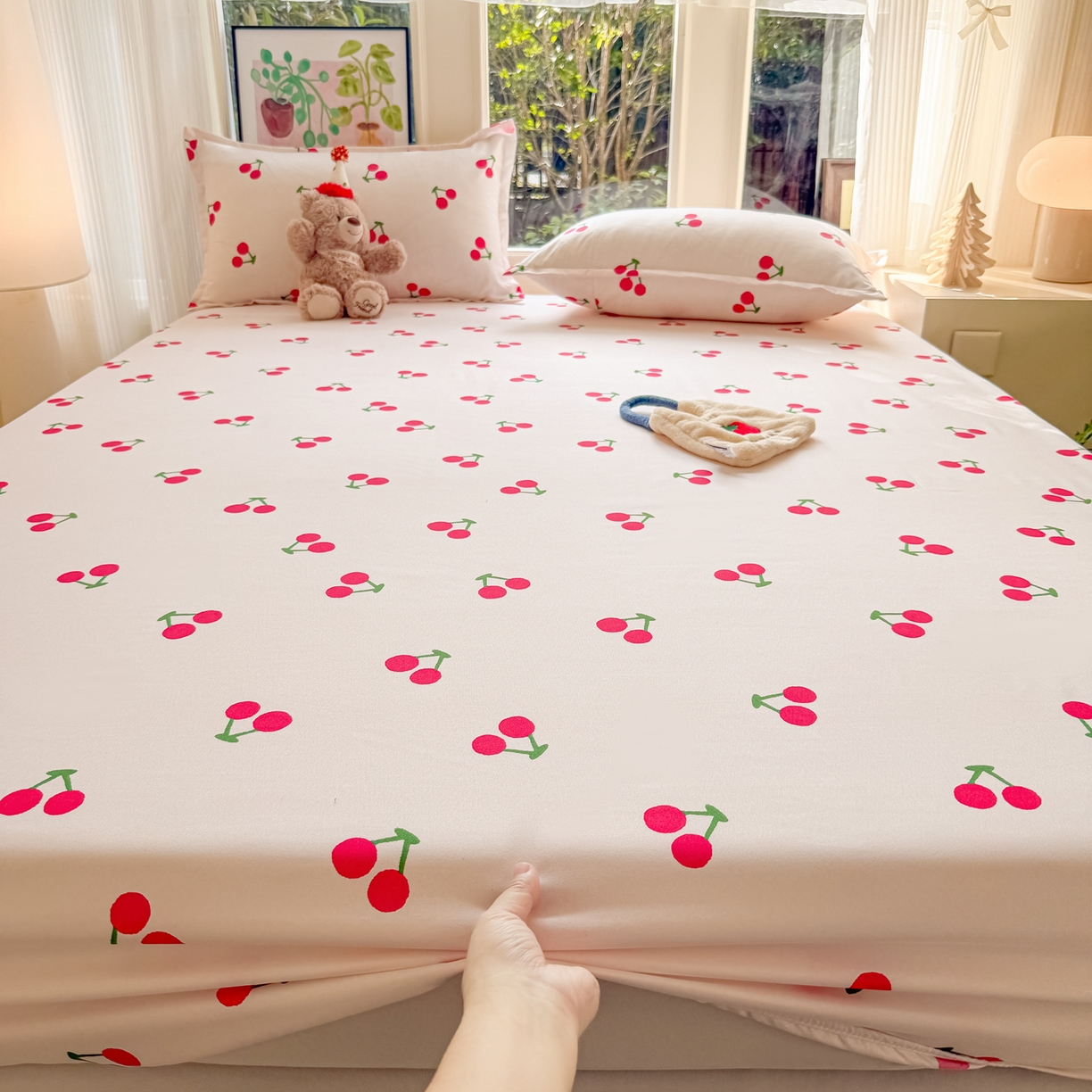 91家纺网 家纺一手货源 找家纺 赫然家纺 2026新款芦荟棉床笠三件套（床笠+枕套） 小樱桃
