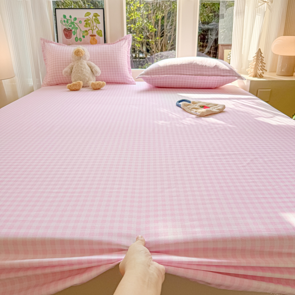 91家纺网 家纺一手货源 找家纺 赫然家纺 2026新款芦荟棉床笠三件套（床笠+枕套） 浅粉格