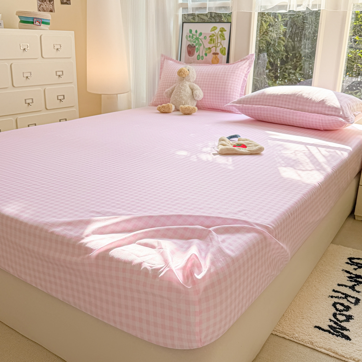 91家纺网 家纺一手货源 找家纺 赫然家纺 2026新款芦荟棉床笠三件套（床笠+枕套） 浅粉格