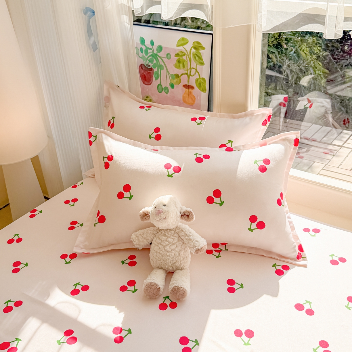 91家纺网 家纺一手货源 找家纺 赫然家纺 2026新款芦荟棉床笠三件套（床笠+枕套） 小樱桃