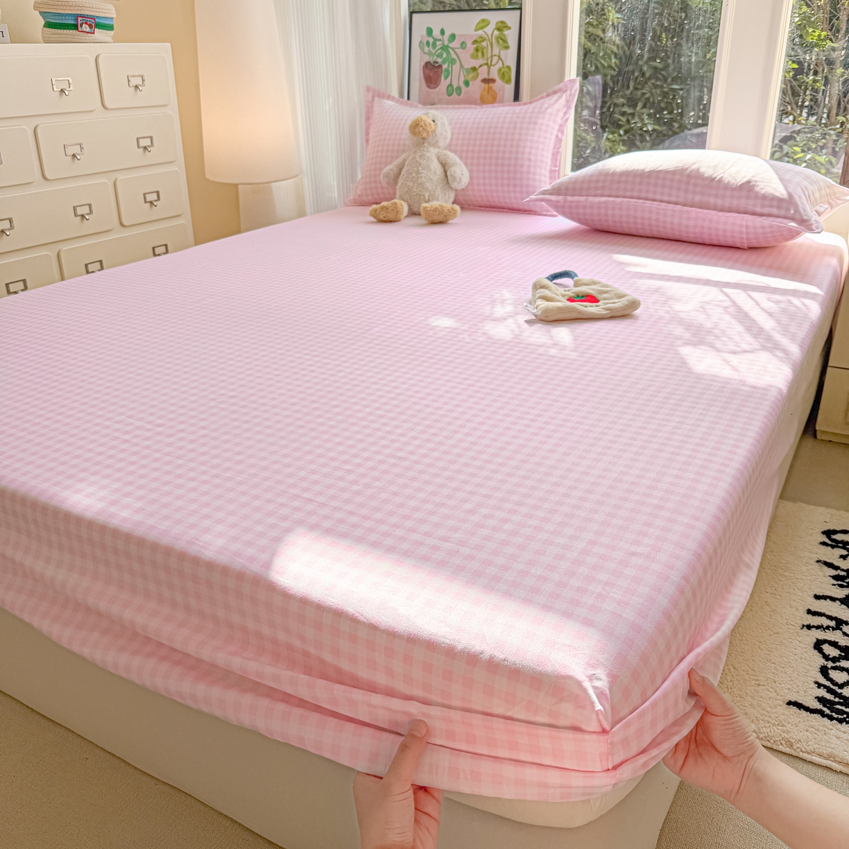 91家纺网 家纺一手货源 找家纺 赫然家纺 2026新款芦荟棉床笠三件套（床笠+枕套） 浅粉格