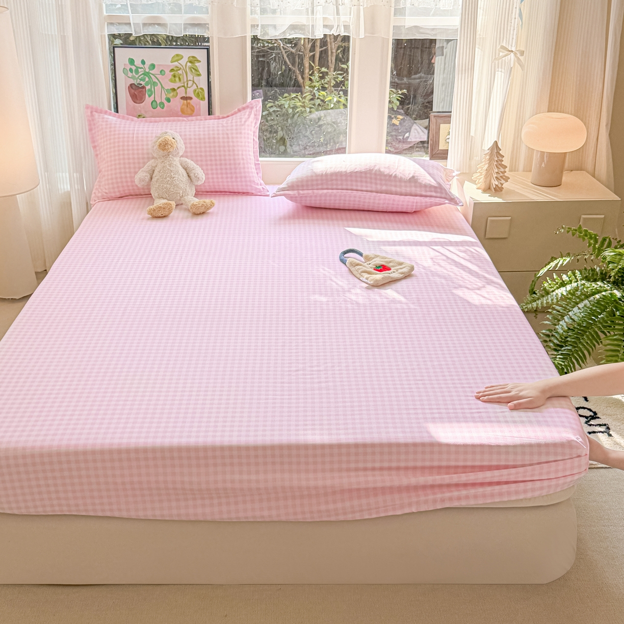 91家纺网 家纺一手货源 找家纺 赫然家纺 2026新款芦荟棉床笠三件套（床笠+枕套） 浅粉格