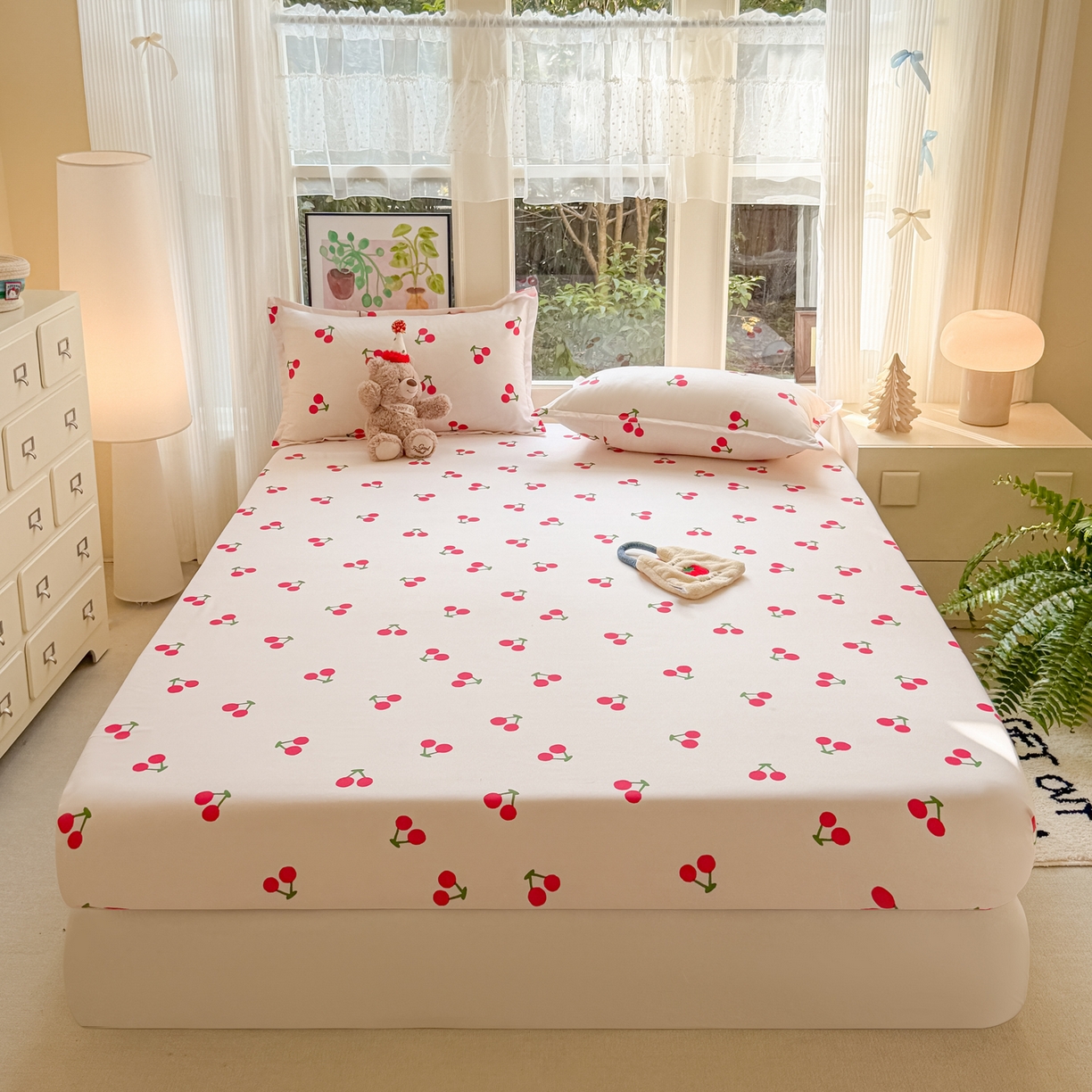 赫然家纺 2026新款芦荟棉床笠三件套（床笠+枕套） 小樱桃