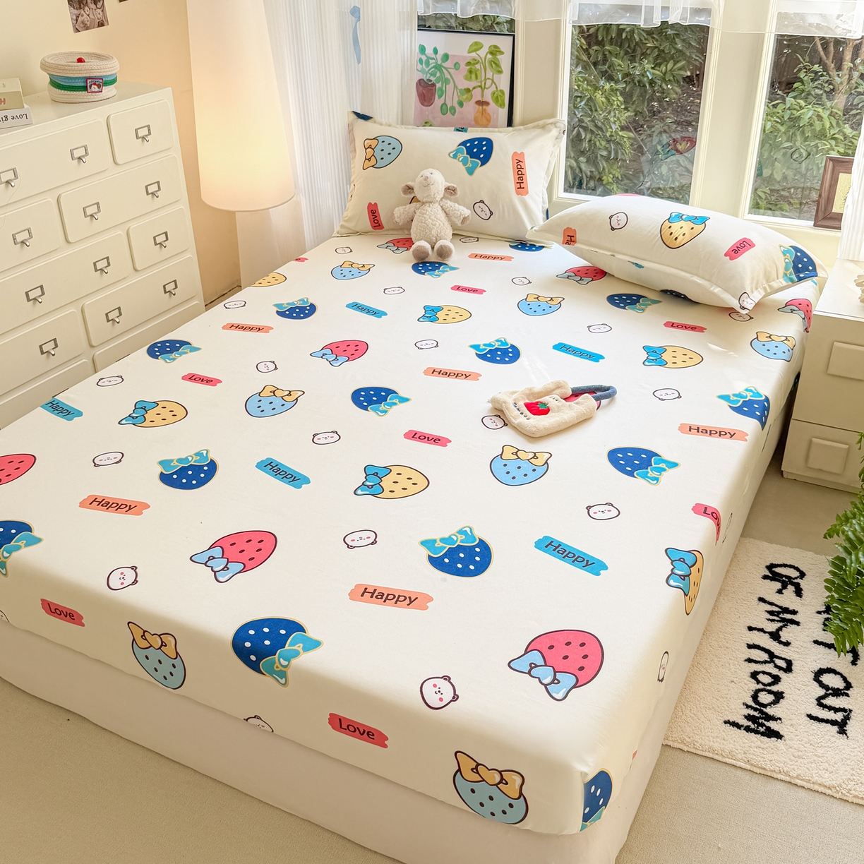 91家纺网 家纺一手货源 找家纺 赫然家纺 2026新款芦荟棉床笠三件套（床笠+枕套） 草莓乐园