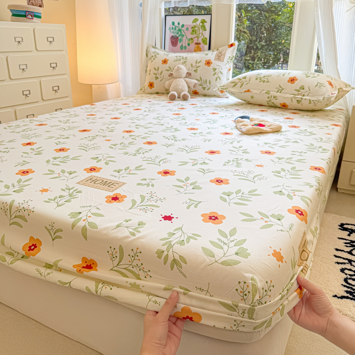 91家纺网 家纺一手货源 找家纺 赫然家纺 2026新款芦荟棉床笠三件套（床笠+枕套） 薄荷青柠