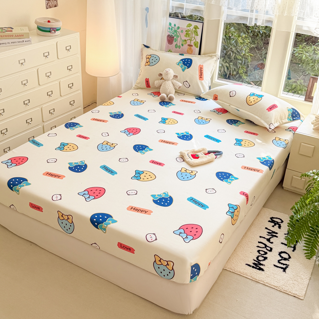 91家纺网 家纺一手货源 找家纺 赫然家纺 2026新款芦荟棉床笠三件套（床笠+枕套） 草莓乐园