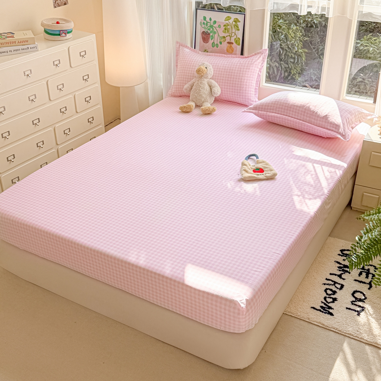 91家纺网 家纺一手货源 找家纺 赫然家纺 2026新款芦荟棉床笠三件套（床笠+枕套） 浅粉格