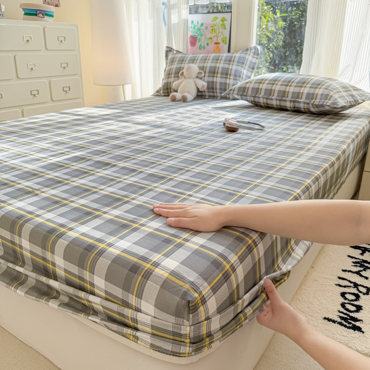 91家纺网 家纺一手货源 找家纺 赫然家纺 2026新款芦荟棉床笠三件套（床笠+枕套） 灰诺西