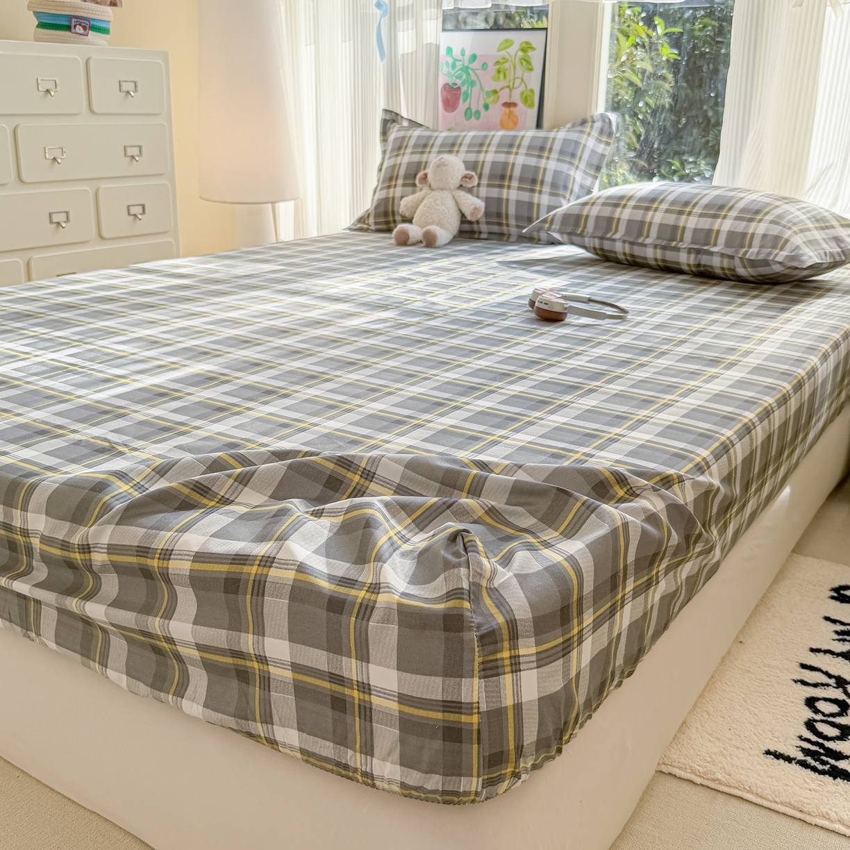 91家纺网 家纺一手货源 找家纺 赫然家纺 2026新款芦荟棉床笠三件套（床笠+枕套） 灰诺西