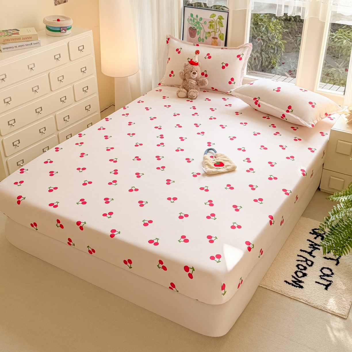 91家纺网 家纺一手货源 找家纺 赫然家纺 2026新款芦荟棉床笠三件套（床笠+枕套） 小樱桃