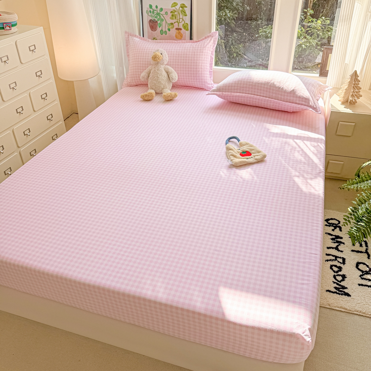 91家纺网 家纺一手货源 找家纺 赫然家纺 2026新款芦荟棉床笠三件套（床笠+枕套） 浅粉格