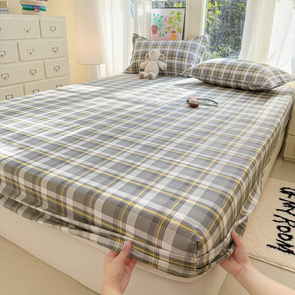 91家纺网 家纺一手货源 找家纺 赫然家纺 2026新款芦荟棉床笠三件套（床笠+枕套） 灰诺西