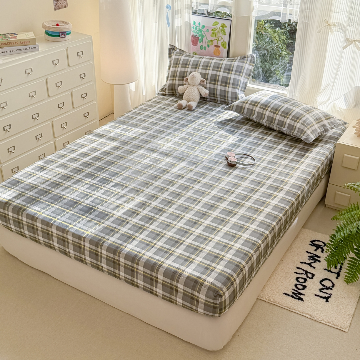 91家纺网 家纺一手货源 找家纺 赫然家纺 2026新款芦荟棉床笠三件套（床笠+枕套） 灰诺西