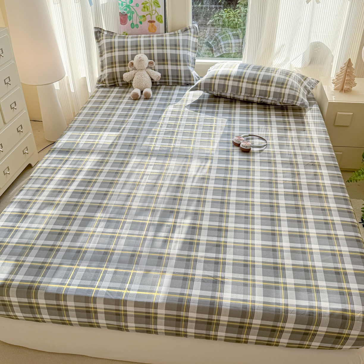 91家纺网 家纺一手货源 找家纺 赫然家纺 2026新款芦荟棉床笠三件套（床笠+枕套） 灰诺西