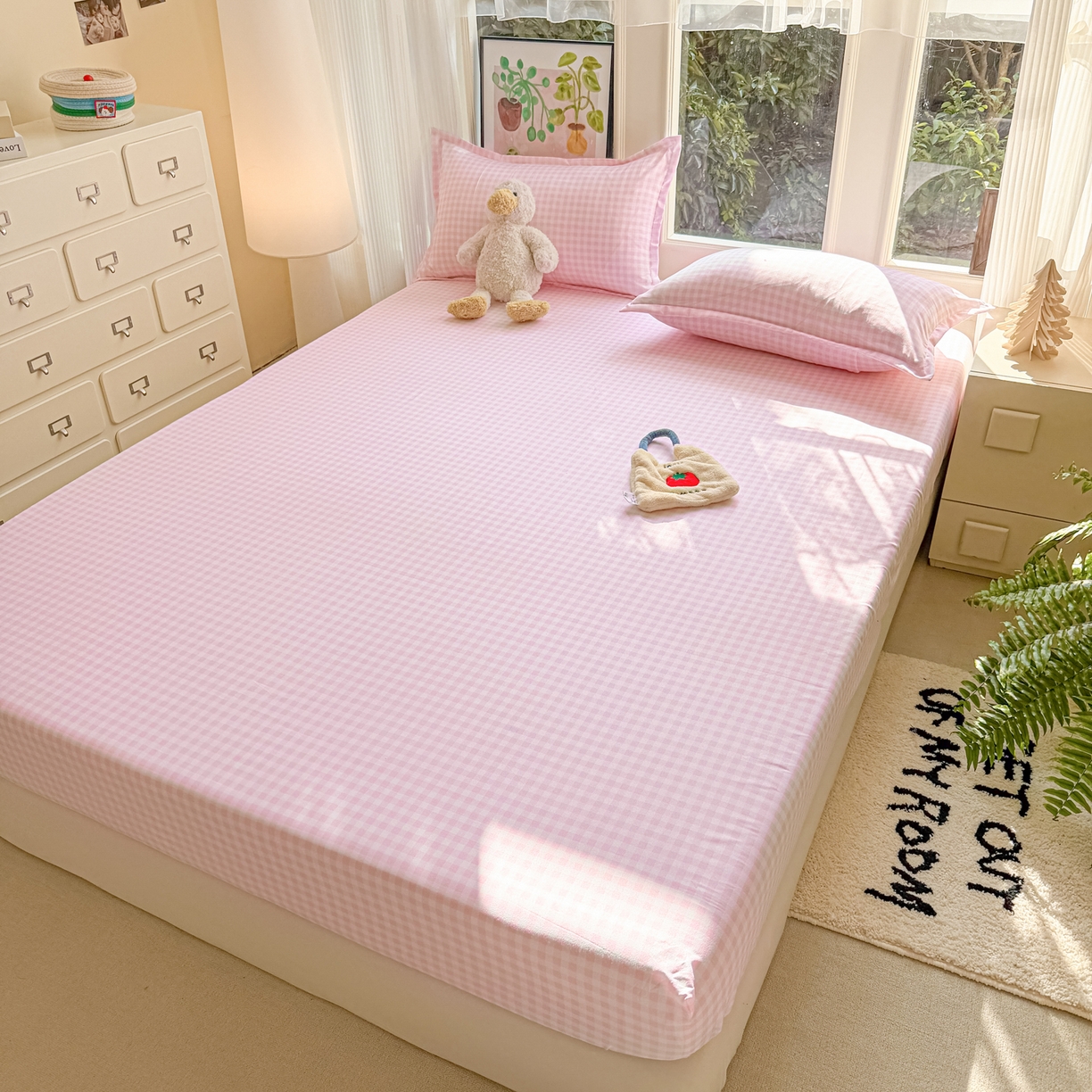 91家纺网 家纺一手货源 找家纺 赫然家纺 2026新款芦荟棉床笠三件套（床笠+枕套） 浅粉格