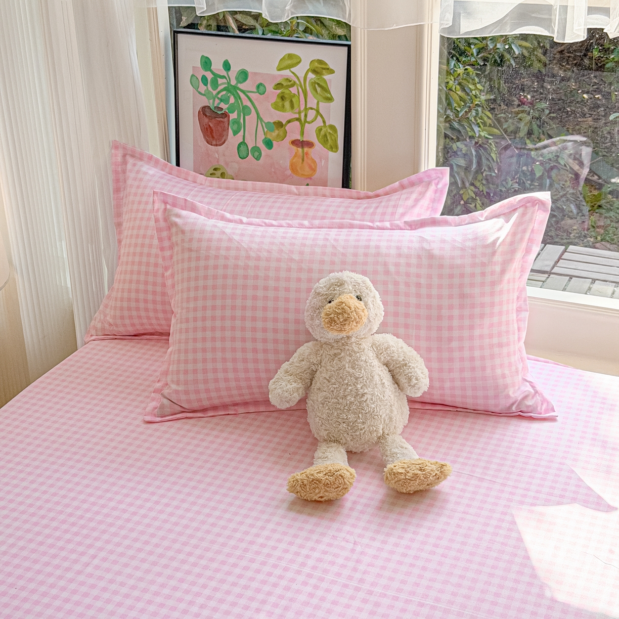 91家纺网 家纺一手货源 找家纺 赫然家纺 2026新款芦荟棉床笠三件套（床笠+枕套） 浅粉格