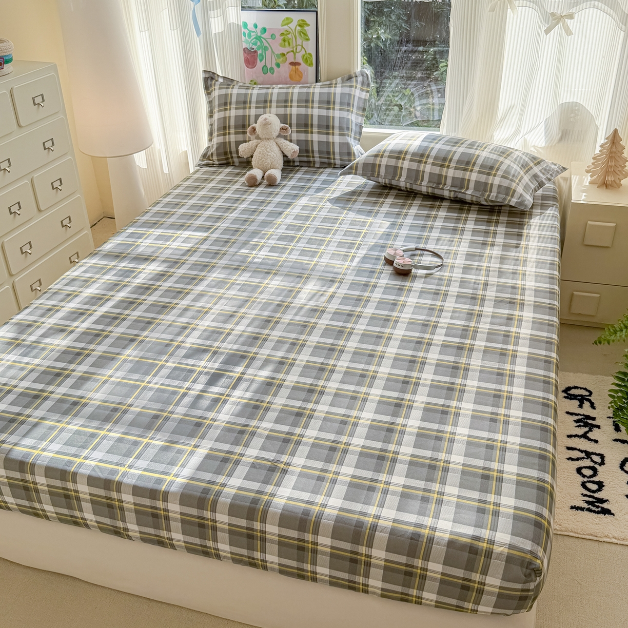 91家纺网 家纺一手货源 找家纺 赫然家纺 2026新款芦荟棉床笠三件套（床笠+枕套） 灰诺西