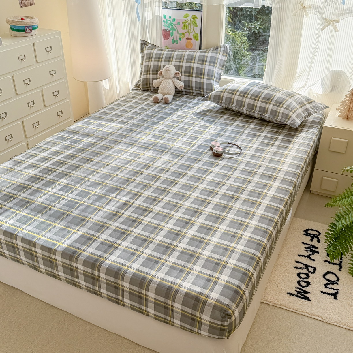 91家纺网 家纺一手货源 找家纺 赫然家纺 2026新款芦荟棉床笠三件套（床笠+枕套） 灰诺西