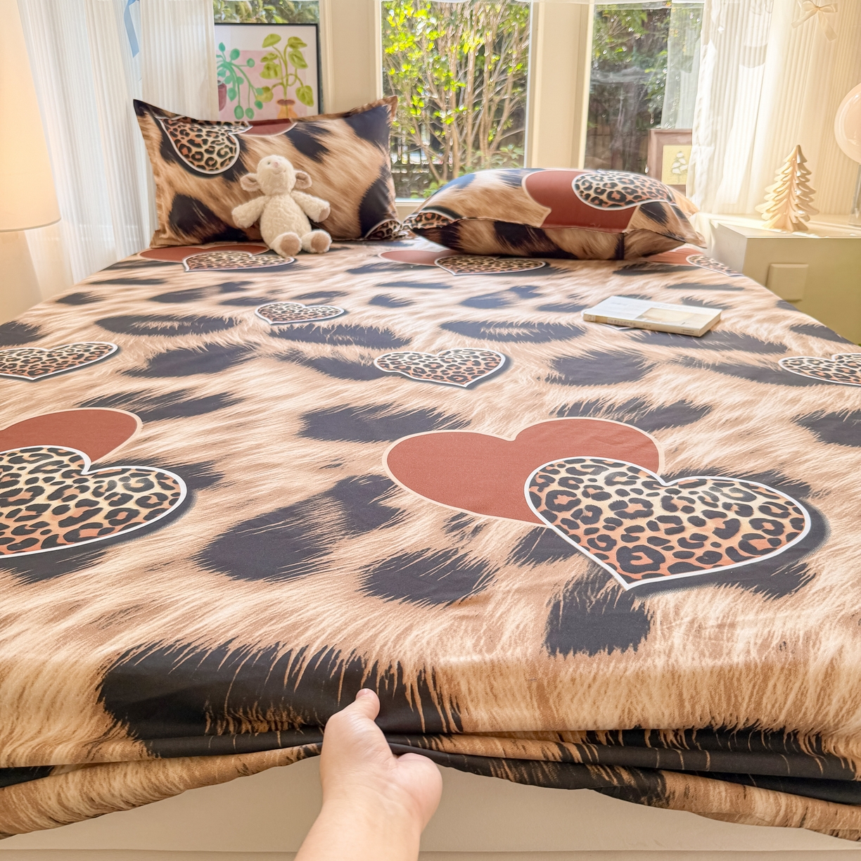 91家纺网 家纺一手货源 找家纺 赫然家纺 2026新款芦荟棉床笠三件套（床笠+枕套） 爱心豹纹