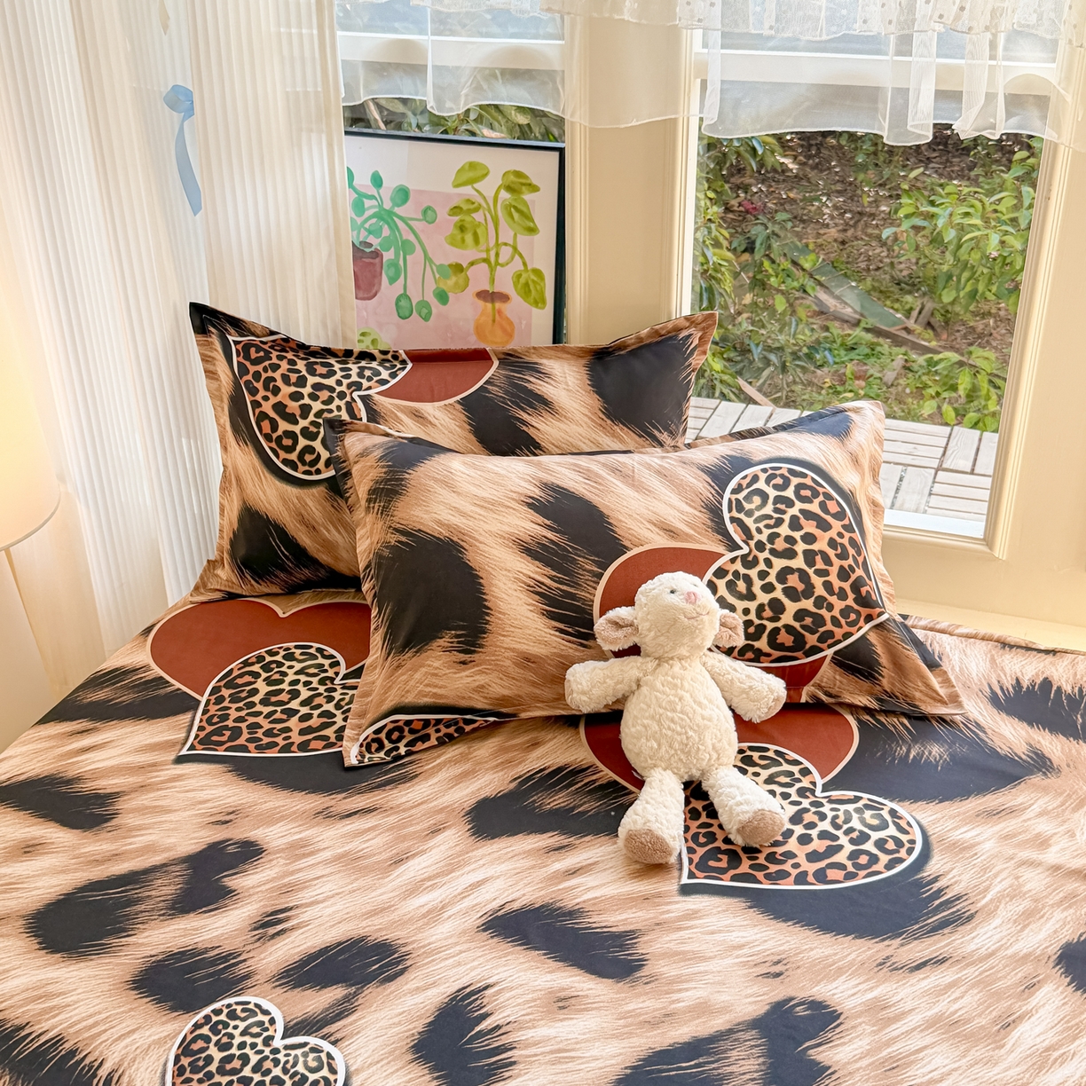 91家纺网 家纺一手货源 找家纺 赫然家纺 2026新款芦荟棉床笠三件套（床笠+枕套） 爱心豹纹