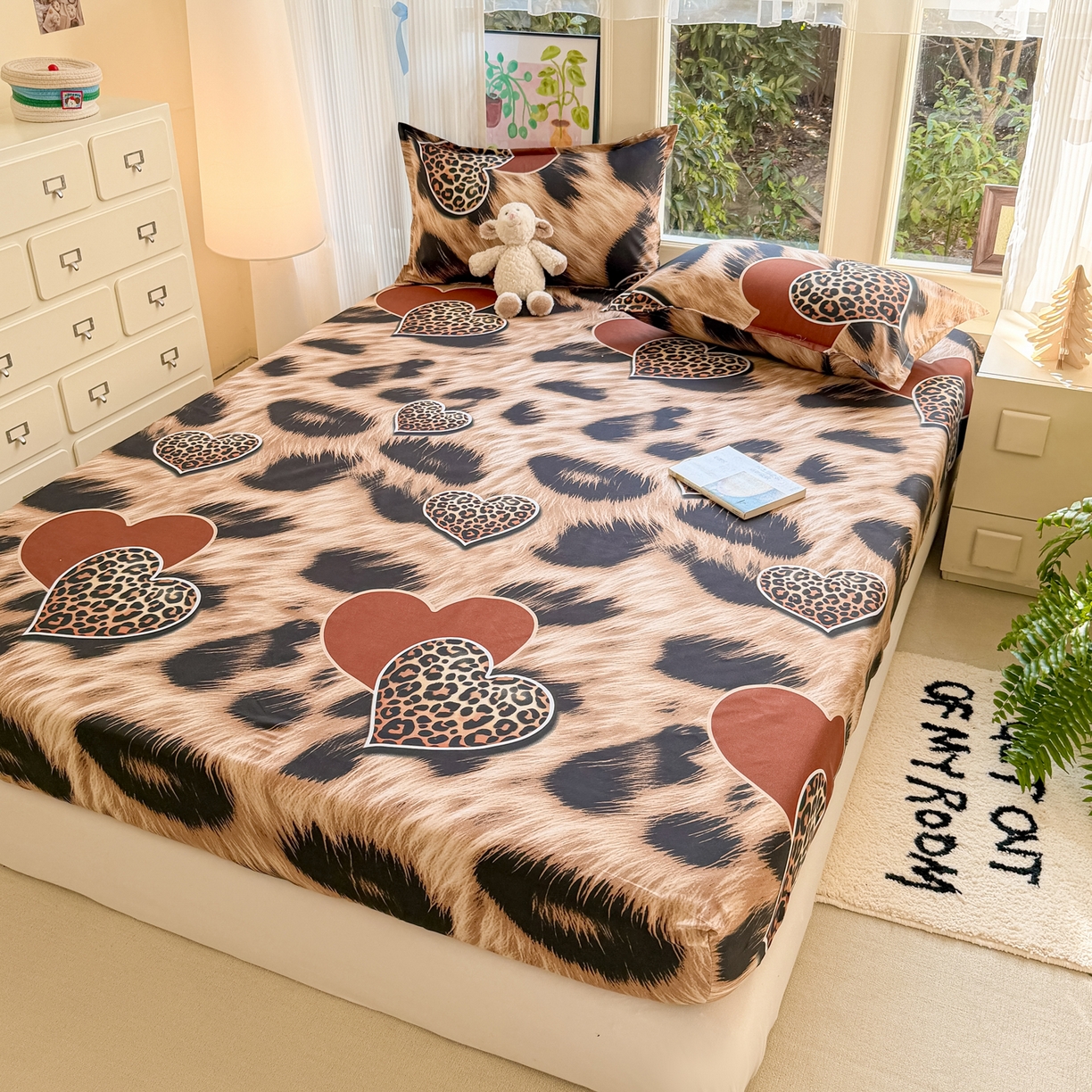 91家纺网 家纺一手货源 找家纺 赫然家纺 2026新款芦荟棉床笠三件套（床笠+枕套） 爱心豹纹