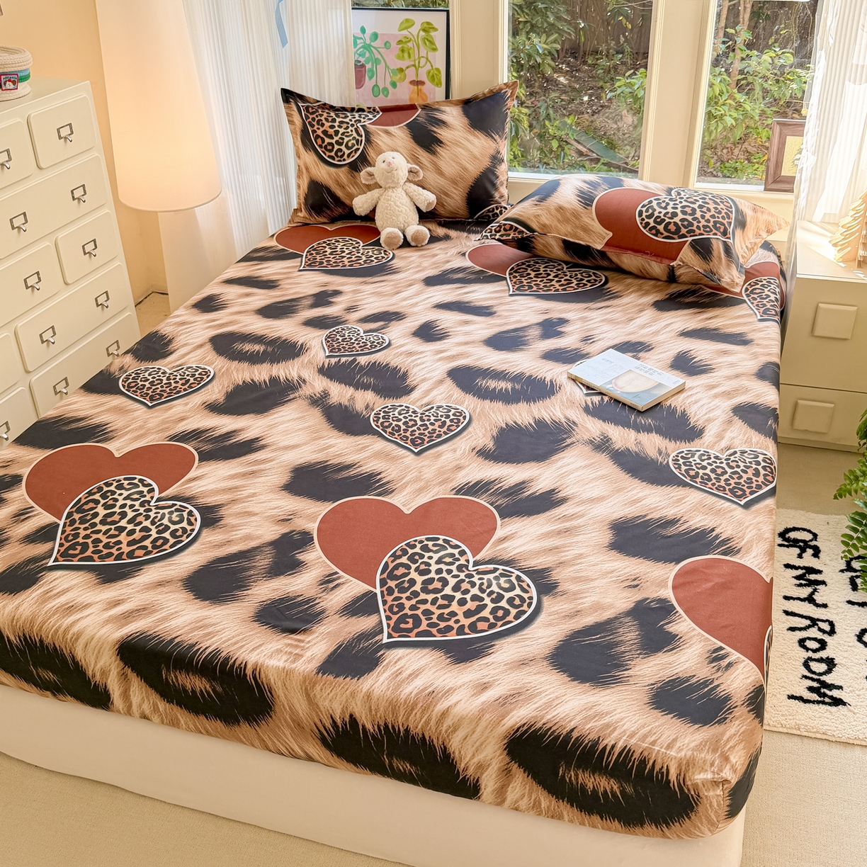 91家纺网 家纺一手货源 找家纺 赫然家纺 2026新款芦荟棉床笠三件套（床笠+枕套） 爱心豹纹