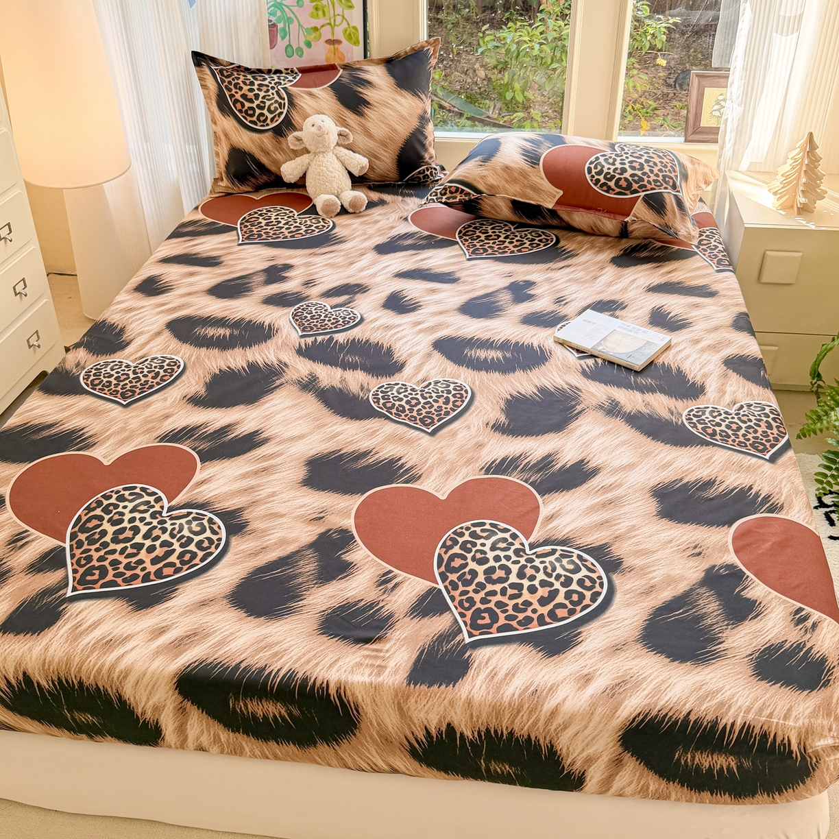 91家纺网 家纺一手货源 找家纺 赫然家纺 2026新款芦荟棉床笠三件套（床笠+枕套） 爱心豹纹