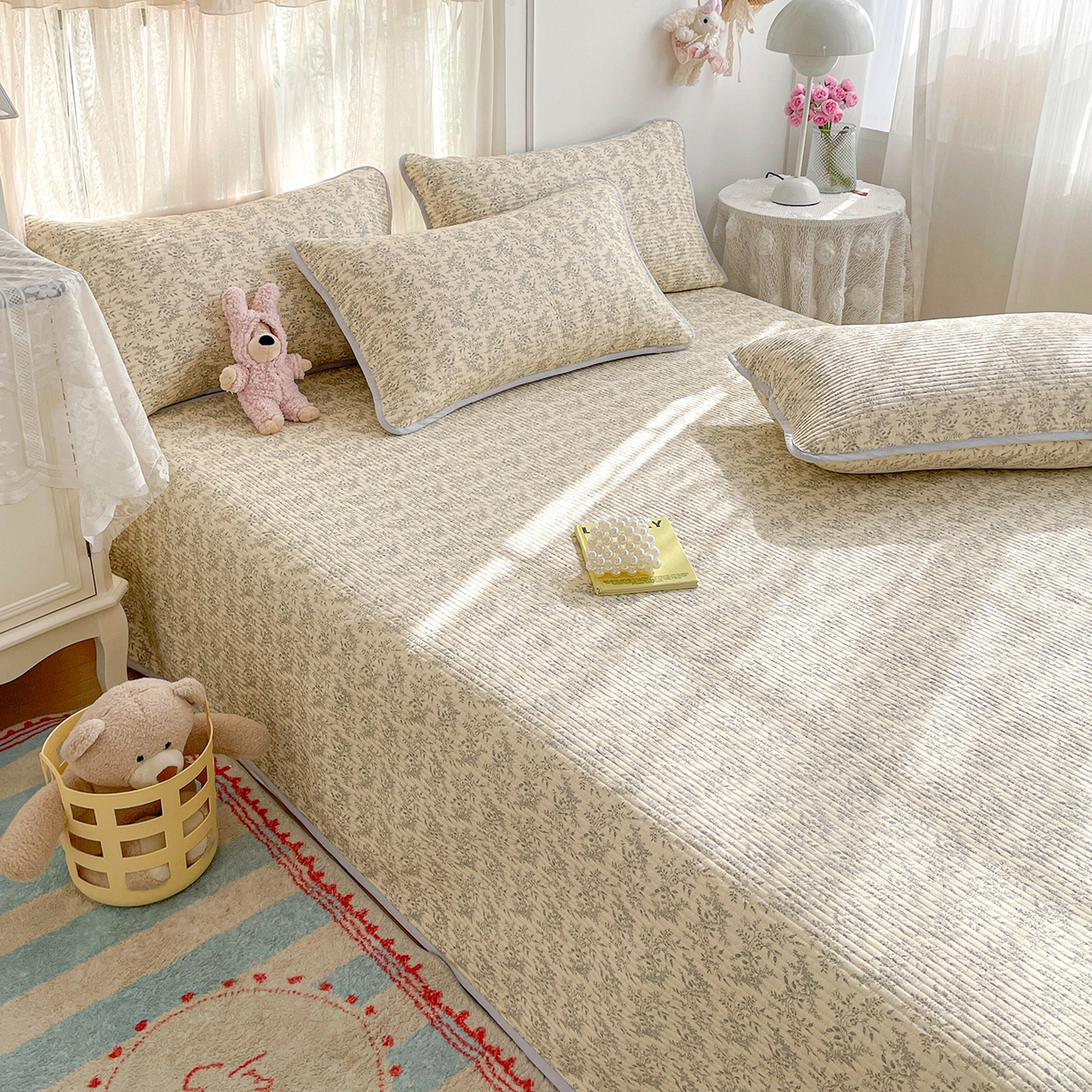 91家纺网 家纺一手货源 找家纺 （总）金丝兔 2026春夏新品全棉床盖三件套纯棉砂洗床盖榻榻米炕盖加厚碎花床单