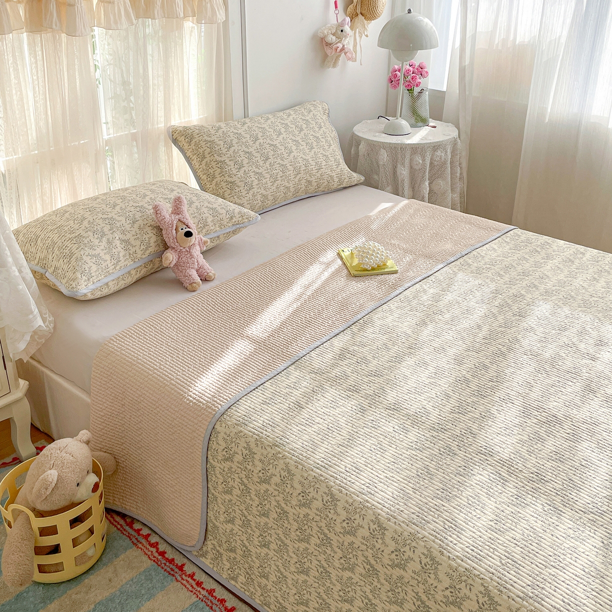 91家纺网 家纺一手货源 找家纺 （总）金丝兔 2026春夏新品全棉床盖三件套纯棉砂洗床盖榻榻米炕盖加厚碎花床单