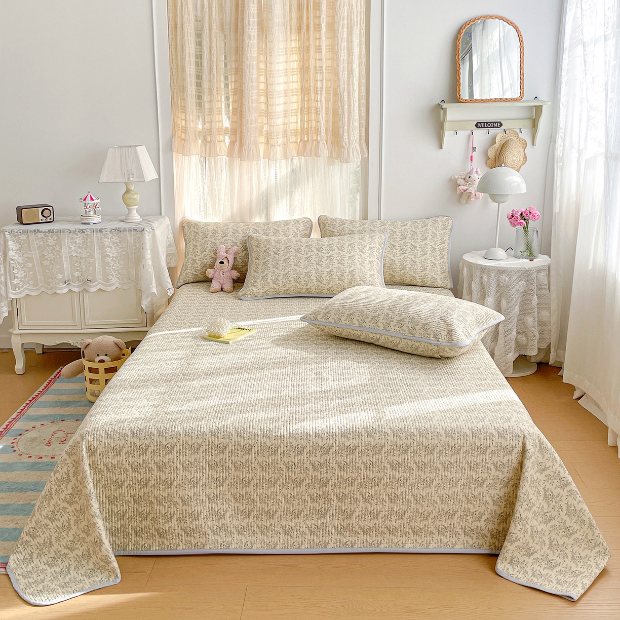 91家纺网 家纺一手货源 找家纺 （总）金丝兔 2026春夏新品全棉床盖三件套纯棉砂洗床盖榻榻米炕盖加厚碎花床单