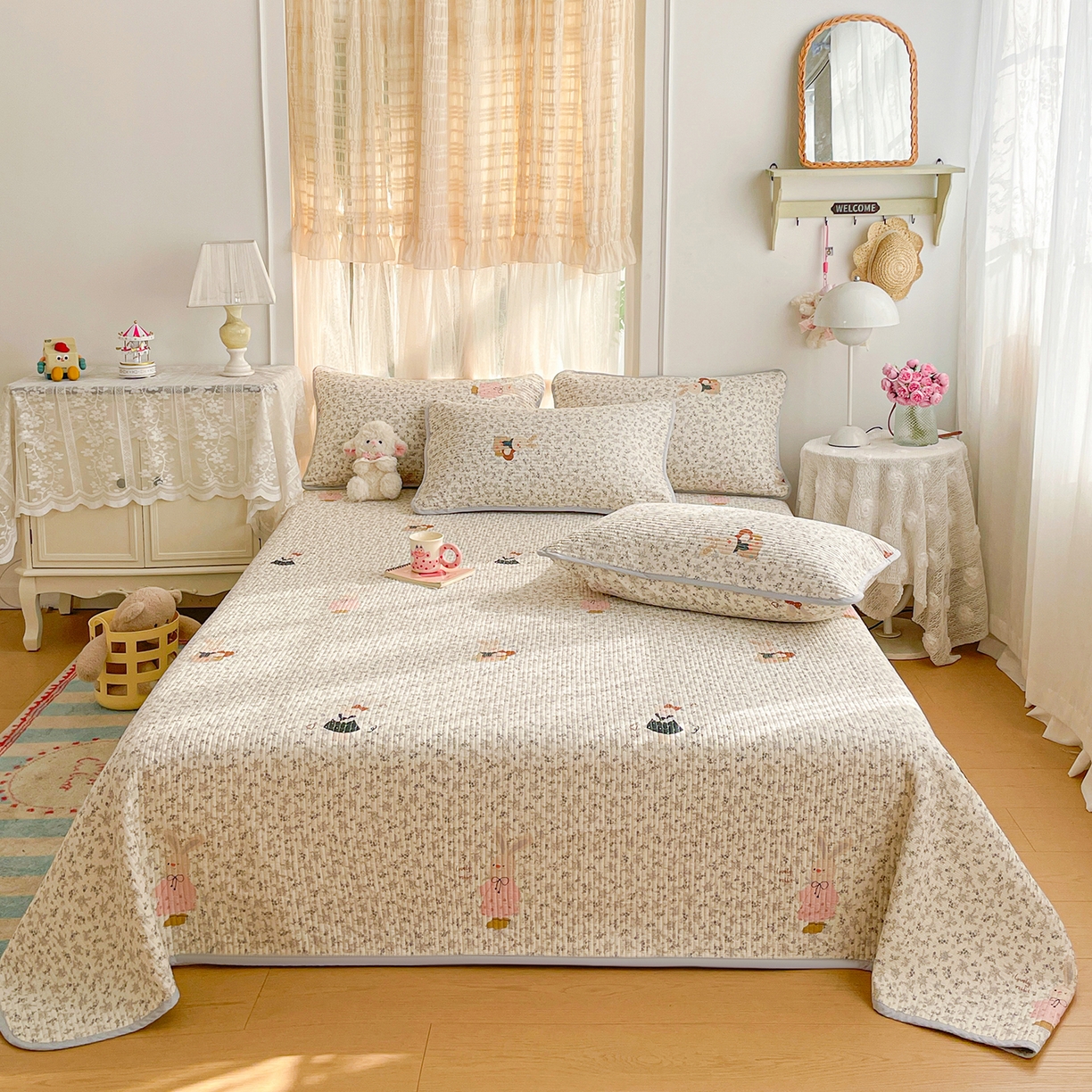 91家纺网 家纺一手货源 找家纺 （总）金丝兔 2026春夏新品全棉床盖三件套纯棉砂洗床盖榻榻米炕盖加厚碎花床单