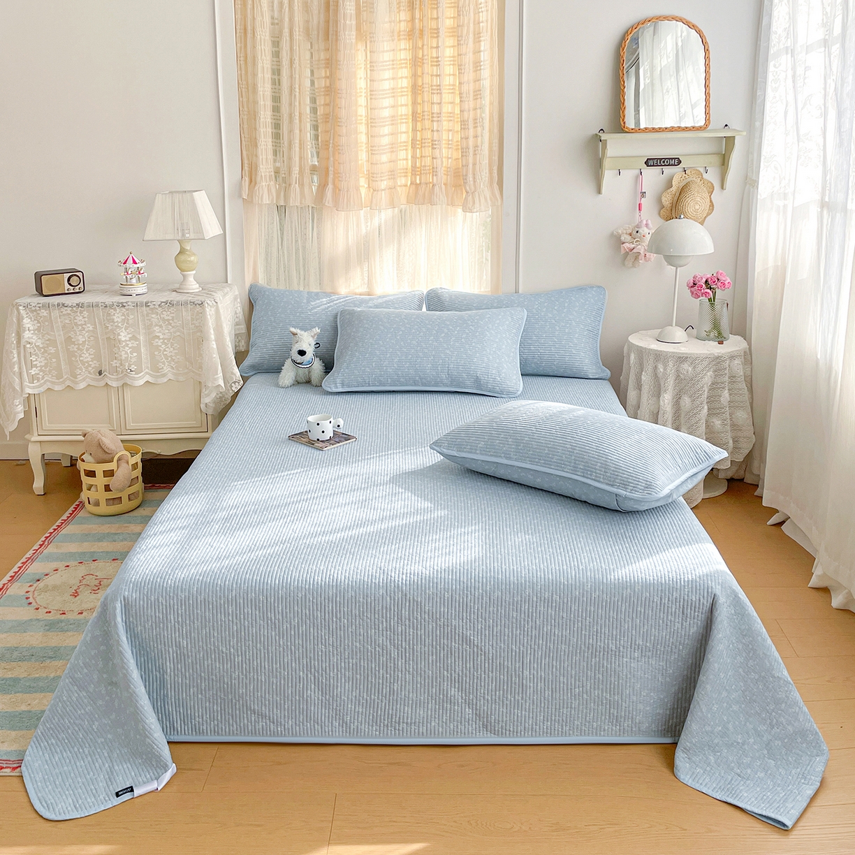 91家纺网 家纺一手货源 找家纺 （总）金丝兔 2026春夏新品全棉床盖三件套纯棉砂洗床盖榻榻米炕盖加厚碎花床单