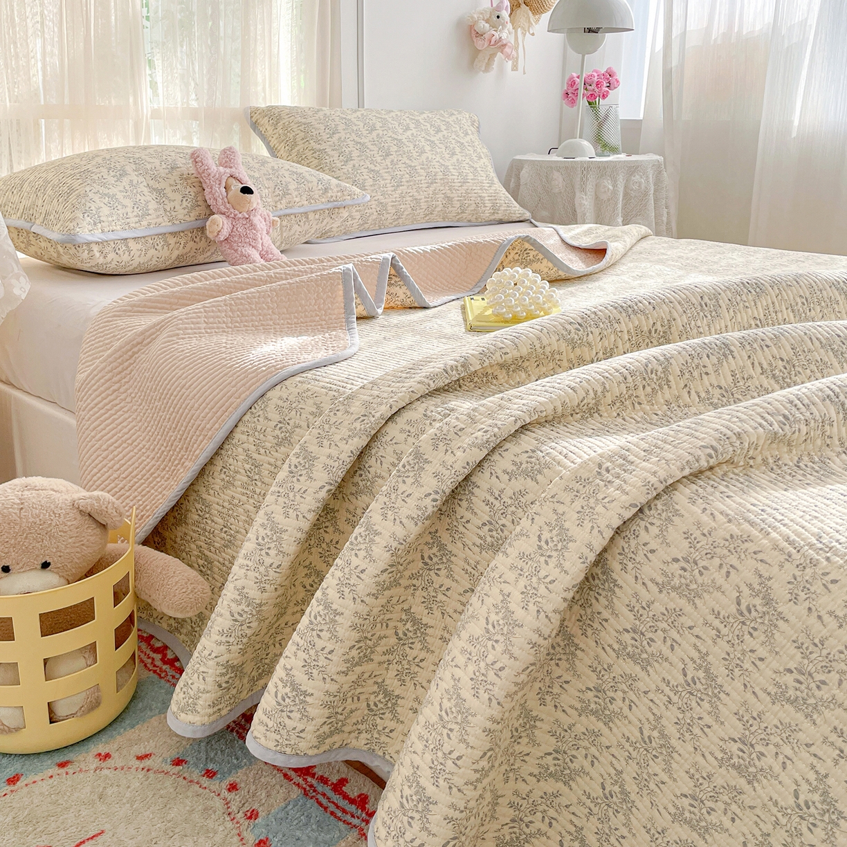 91家纺网 家纺一手货源 找家纺 金丝兔 2026春夏新品全棉床盖三件套纯棉砂洗床盖榻榻米炕盖加厚碎花床单 布里斯托