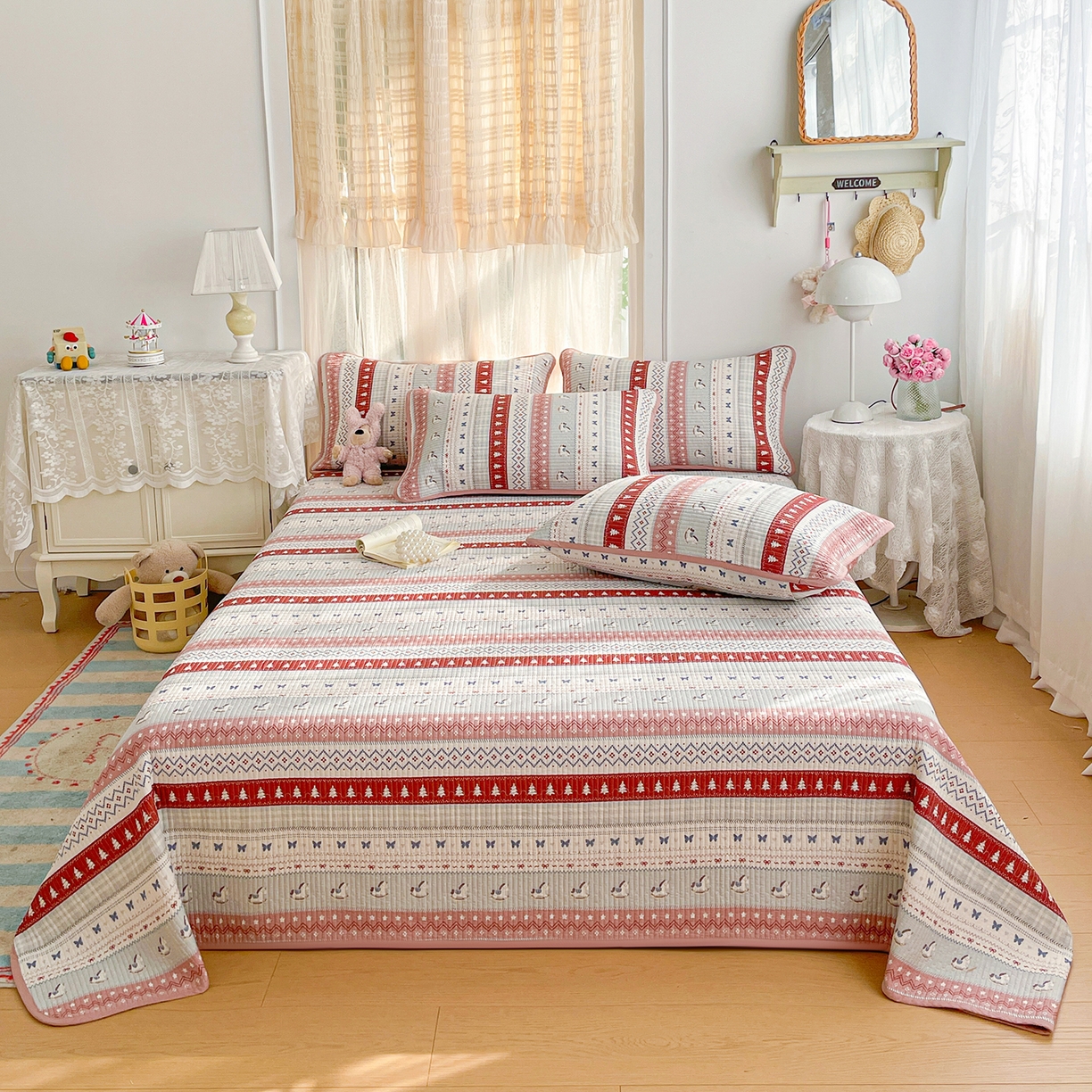 91家纺网 家纺一手货源 找家纺 金丝兔 2026春夏新品全棉床盖三件套纯棉砂洗床盖榻榻米炕盖加厚碎花床单 费尔岛