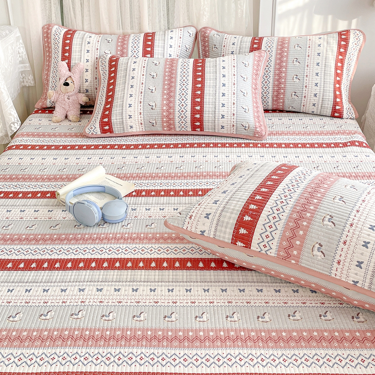 91家纺网 家纺一手货源 找家纺 金丝兔 2026春夏新品全棉床盖三件套纯棉砂洗床盖榻榻米炕盖加厚碎花床单 费尔岛