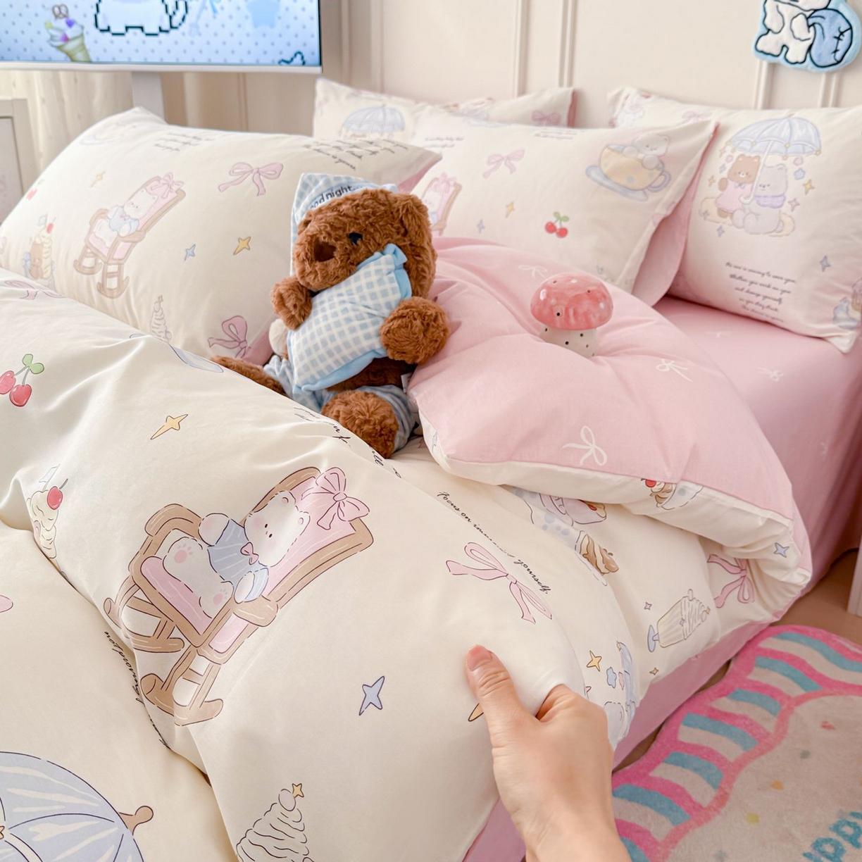 91家纺网 家纺一手货源 找家纺 女子家纺 2026新款全棉12868卡通印花四件套大耳朵兔兔系列 茶歇时光