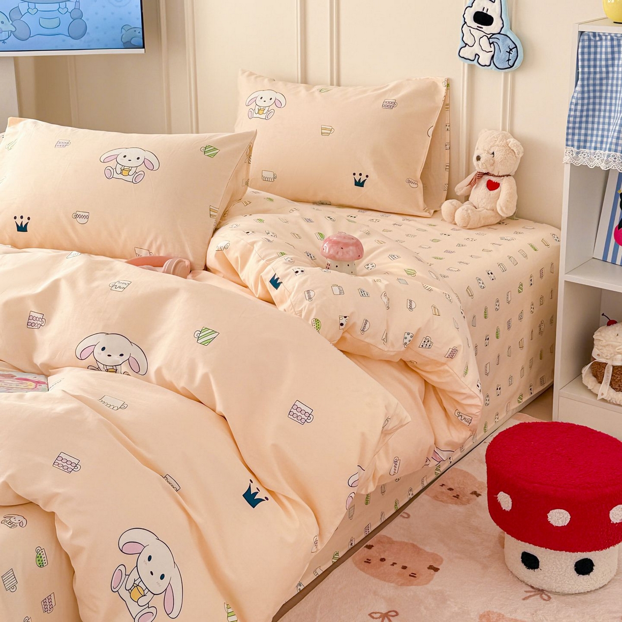 91家纺网 家纺一手货源 找家纺 女子家纺 2026新款全棉12868卡通印花四件套大耳朵兔兔系列 大耳朵兔兔