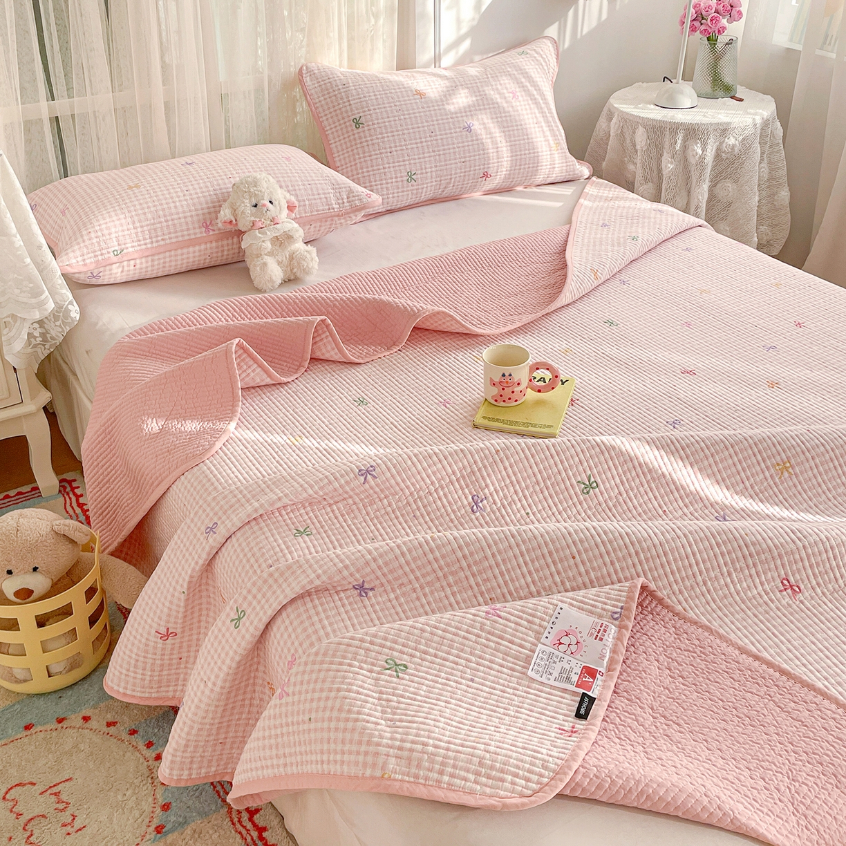 金丝兔 2026春夏新品全棉床盖三件套纯棉砂洗床盖榻榻米炕盖加厚碎花床单 蝴蝶结