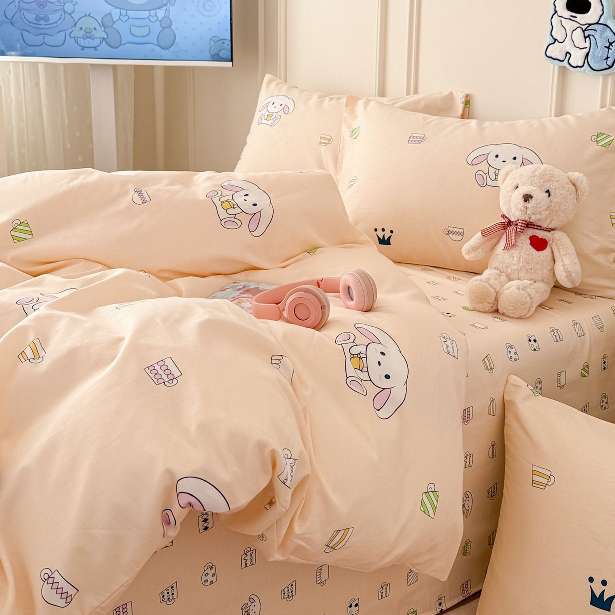 91家纺网 家纺一手货源 找家纺 女子家纺 2026新款全棉12868卡通印花四件套大耳朵兔兔系列 大耳朵兔兔