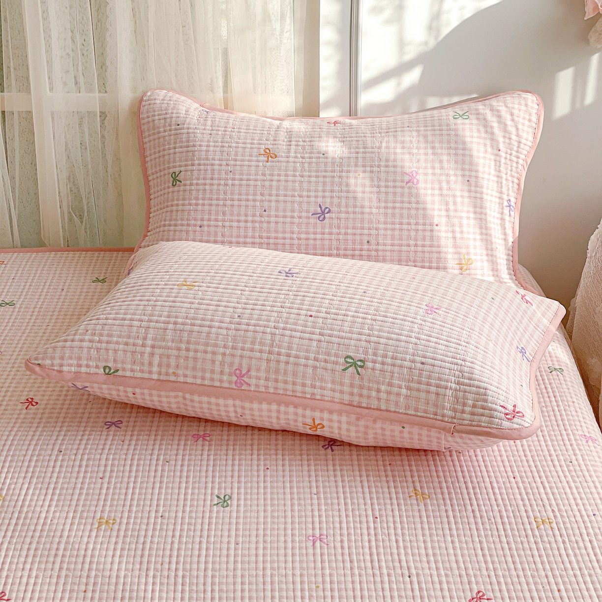 91家纺网 家纺一手货源 找家纺 金丝兔 2026春夏新品全棉床盖三件套纯棉砂洗床盖榻榻米炕盖加厚碎花床单 蝴蝶结