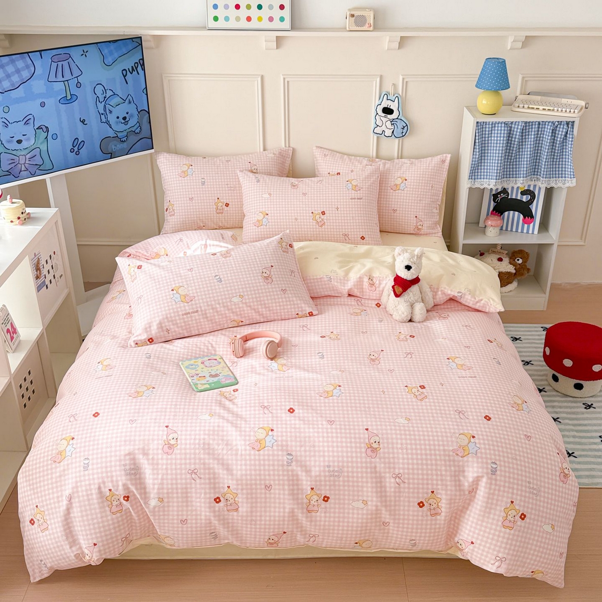 女子家纺 2026新款全棉12868卡通印花四件套大耳朵兔兔系列 粉格甜崽