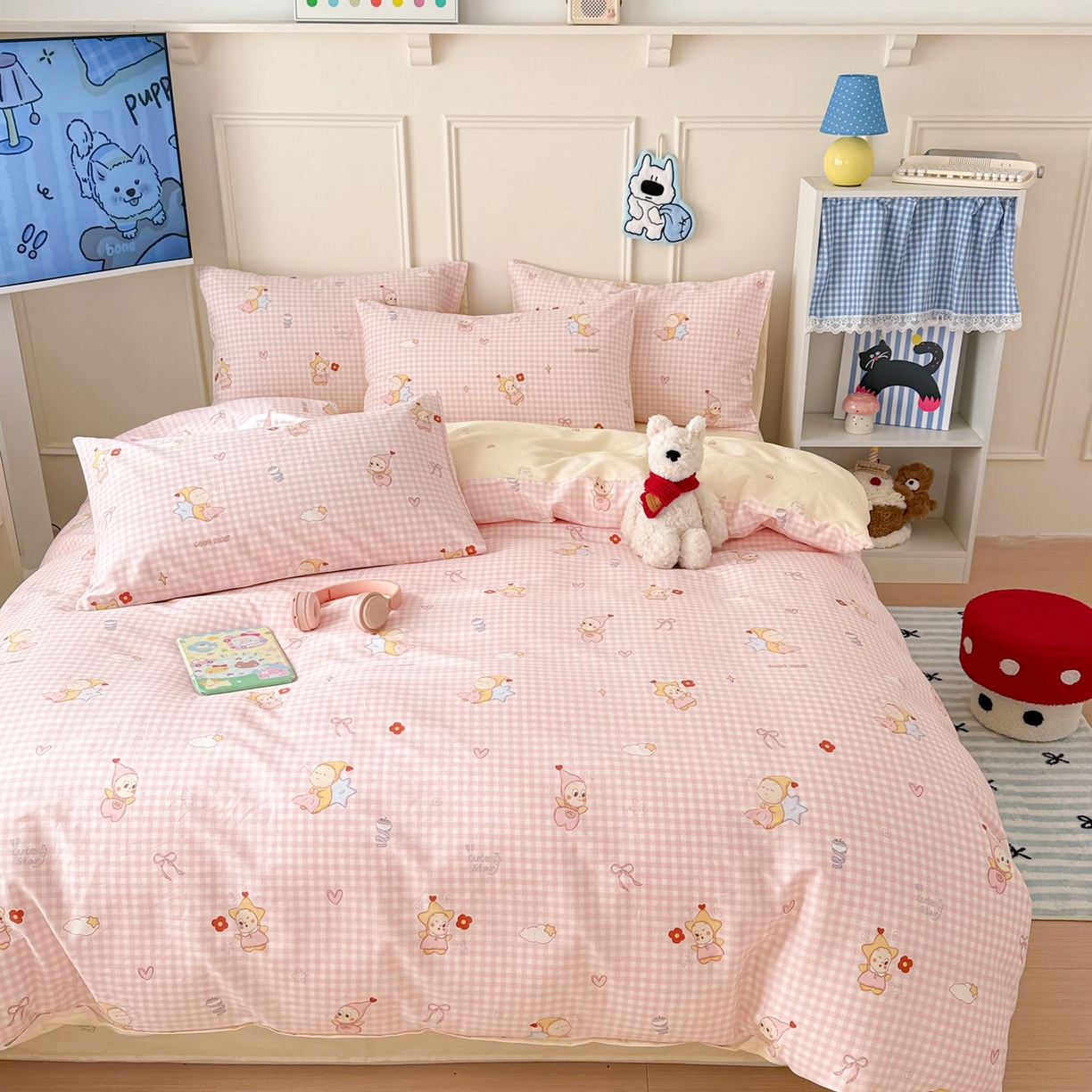 91家纺网 家纺一手货源 找家纺 女子家纺 2026新款全棉12868卡通印花四件套大耳朵兔兔系列 粉格甜崽