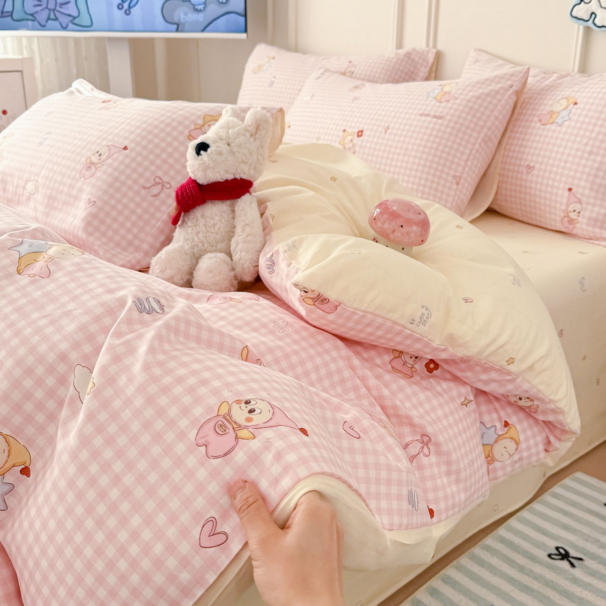 91家纺网 家纺一手货源 找家纺 女子家纺 2026新款全棉12868卡通印花四件套大耳朵兔兔系列 粉格甜崽