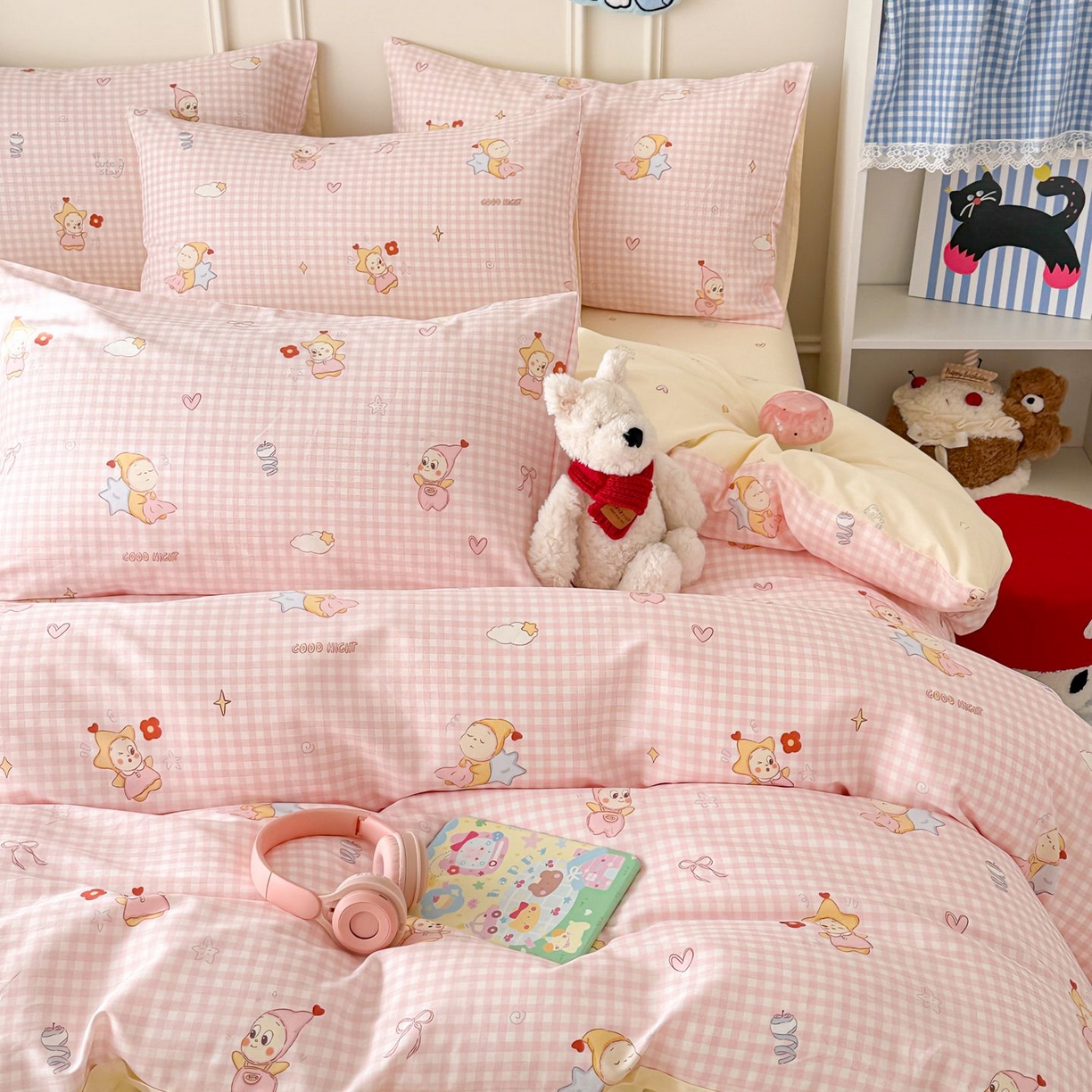 91家纺网 家纺一手货源 找家纺 女子家纺 2026新款全棉12868卡通印花四件套大耳朵兔兔系列 粉格甜崽