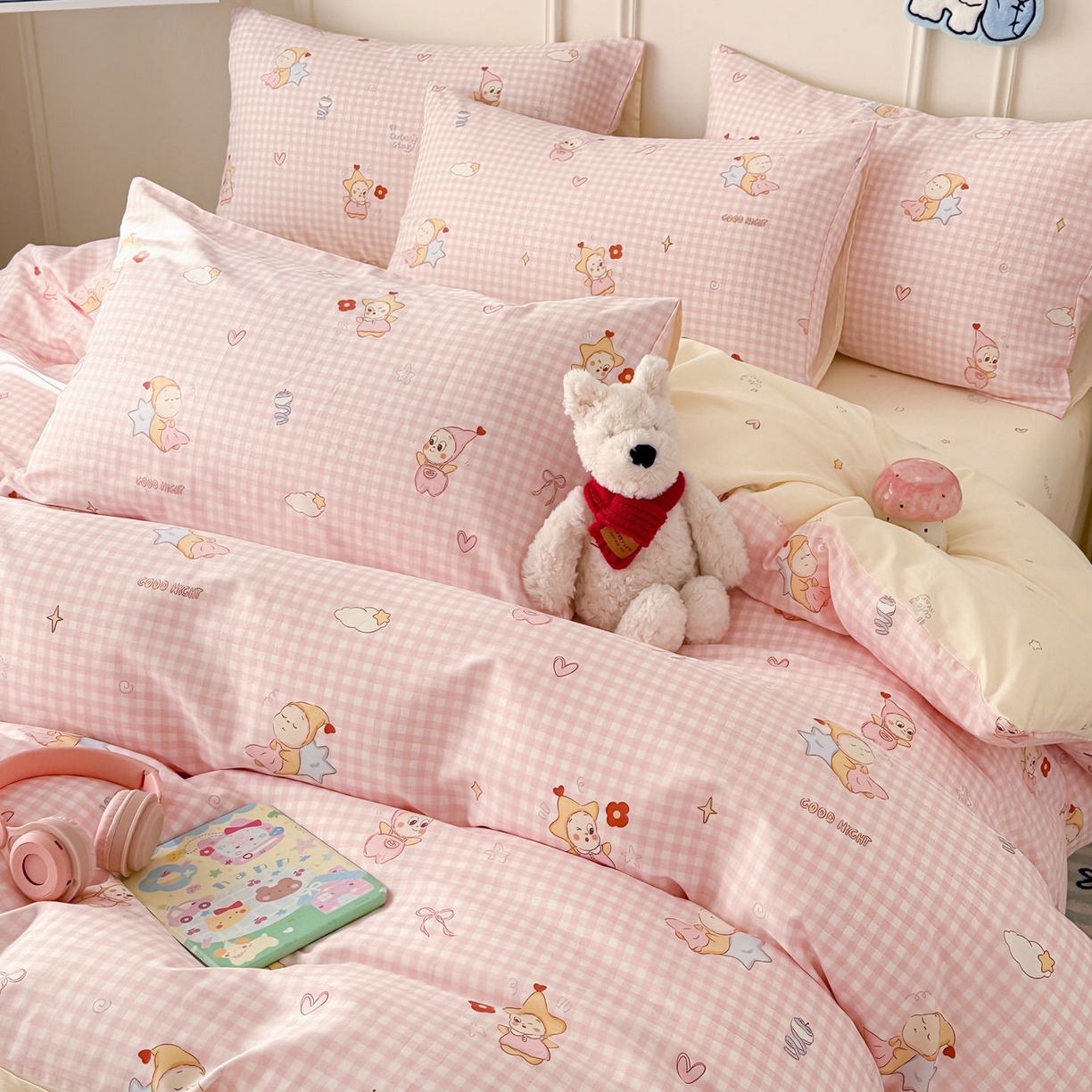 91家纺网 家纺一手货源 找家纺 女子家纺 2026新款全棉12868卡通印花四件套大耳朵兔兔系列 粉格甜崽