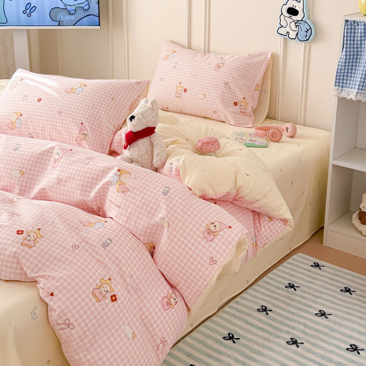 91家纺网 家纺一手货源 找家纺 女子家纺 2026新款全棉12868卡通印花四件套大耳朵兔兔系列 粉格甜崽