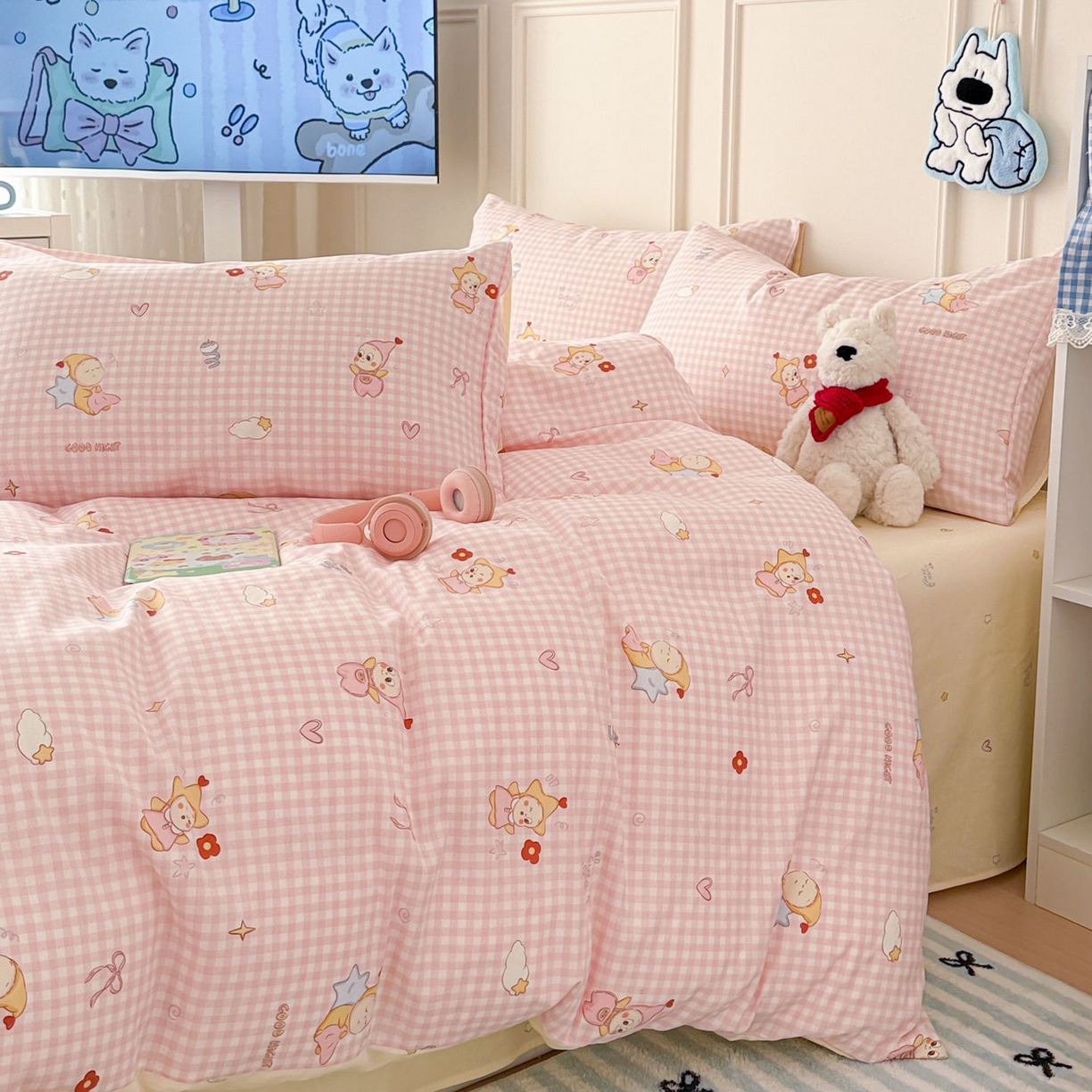 91家纺网 家纺一手货源 找家纺 女子家纺 2026新款全棉12868卡通印花四件套大耳朵兔兔系列 粉格甜崽