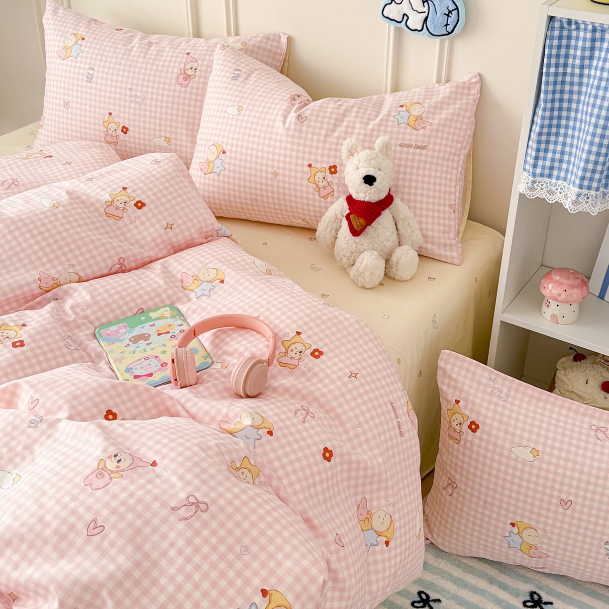 91家纺网 家纺一手货源 找家纺 女子家纺 2026新款全棉12868卡通印花四件套大耳朵兔兔系列 粉格甜崽